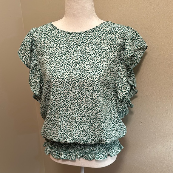Pleione NWT Green White Ruffled Blouse - Large - Picture 1 of 4